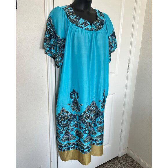 Anthony Richards Plus Size 2X Turquoise & Gold Paisley Dress With Short Sleeves - Picture 2 of 6